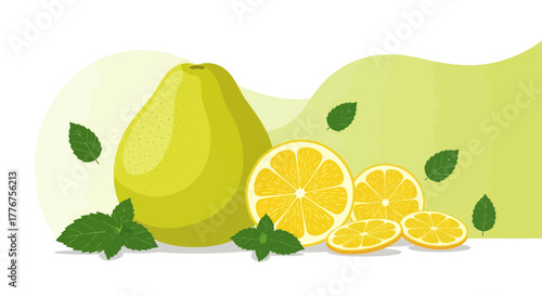 Fresh Pomelo With Lemon Slices and Mint Leaves In a Contemporary Illustration