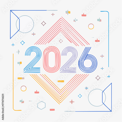 Colorful abstract 2026 New Year design with geometric shapes and lines on white vector illustration