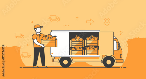 Fresh Produce Distribution Depicted By Delivery Driver Loading Oranges Into Transport Vehicle