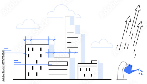 Skyscrapers under construction with scaffolding, hand watering with can leading to upward arrows. Ideal for business growth, innovation, development, urban planning, investment, progress, success