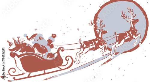 Whimsical illustration of santa claus in his sleigh pulled by reindeer against a large circular moonlit sky