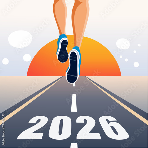 Runner's Legs Approaching the Year 2026 on a Road with a Sunset and Clouds running feet