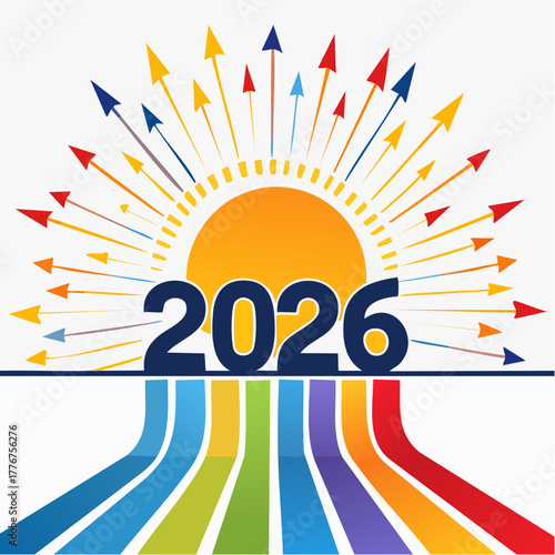 2026 Sunburst with Arrows and Colorful Streaks Symbolizing Growth and Future Progress new year