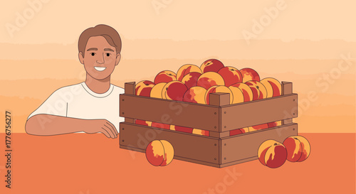 Fresh Produce Farmer Presents a Crate Brimming with Juicy Peaches for Summer Delight