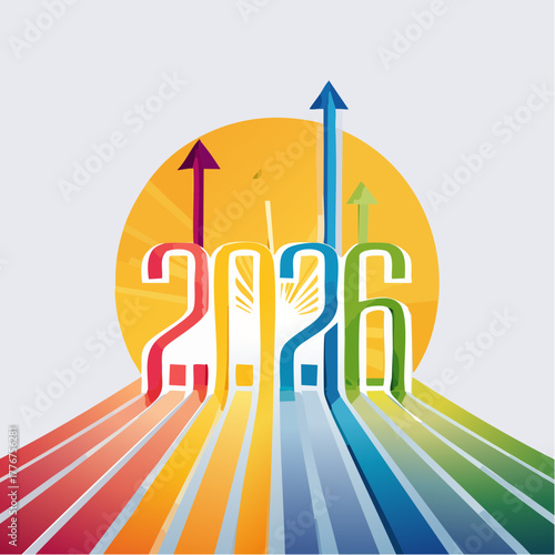 2026 Numbers with Rainbow Colored Streaks and Arrows Pointing Upward on White Background colors