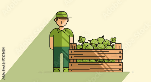 Fresh Produce Farmer Standing Proudly Beside a Crate Full of Delicious Green Goods