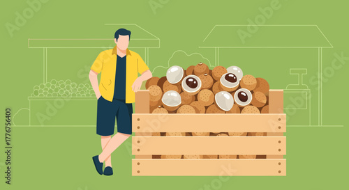 Fresh Produce Vendor Displaying Longan Fruits for Sale at a Vibrant Outdoor Market