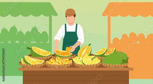 Fresh Produce Vendor Presents Exotic Fruits at a Vibrant Outdoor Market Stall Display