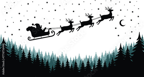 Silhouette of santa claus flying in his sleigh pulled by reindeer across a starry night sky over a dark forest