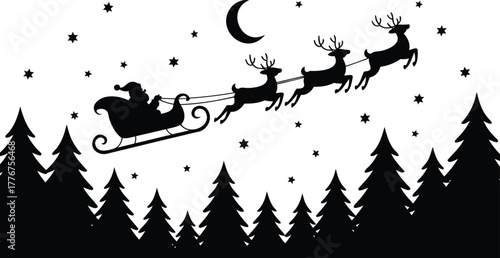 Silhouette of santa claus in his sleigh pulled by reindeer flying across the moonlit night sky over a forest