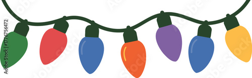 Vibrant string of colorful christmas lights with green red blue orange purple and yellow bulbs on a black wire