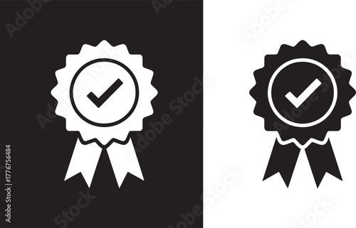 Approved award ribbon with check mark on black and white backgrounds Keywords: award, ribbon, badge