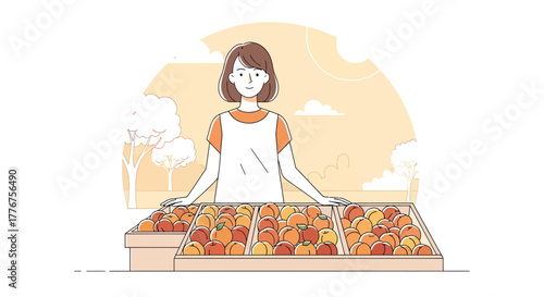 Fresh Produce Vendor Standing Beside Display of Ripe Peaches and Welcoming Customers