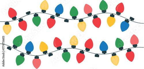 Brightly colored christmas lights stringing across a white background festive holiday decoration