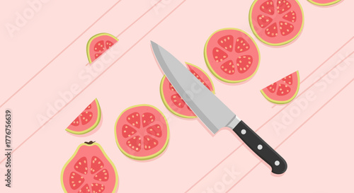 Freshly Cut Guava on Pastel Surface Ready For Culinary Creations and Healthy Eating