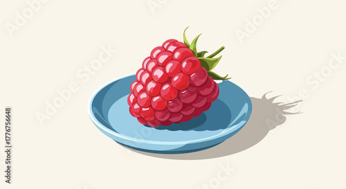 Fresh Raspberry on A Blue Plate, Vector Illustration On A Minimalist Background