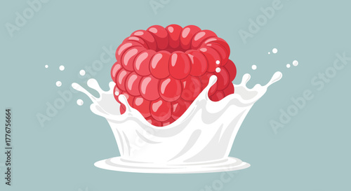 Fresh Raspberry Plunging Into a Delicious Splash of Creamy Milk with Creative Design.