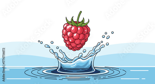 Fresh Raspberry Plunging Into Water, Creating Dynamic Splash Illustration Design