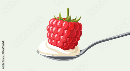 Fresh Raspberry Resting On Spoonful Of Whipped Cream, Food Illustration Vector