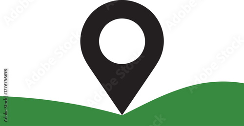 Black location pin icon centered over green rolling hills marker navigation