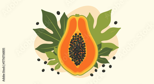 Freshly Cut Papaya Surrounded by Green Leaves Artistic Illustration on Beige Background