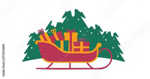 Festive christmas sleigh overflowing with colorful gifts and presents in front of a snowy evergreen forest