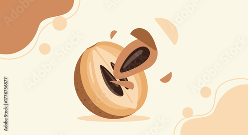 Freshly Cut Sapodilla Fruit Isolated Against Cream Backdrop And Modern Design
