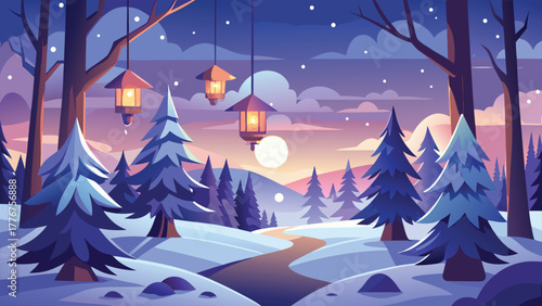 Peaceful Winter Forest Landscape with Lanterns and Snowy Pine Trees at Sunset