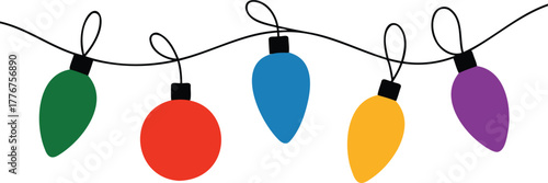 A string of colorful festive christmas lights in various shapes hanging on a wire against a white background