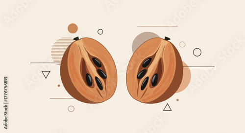 Freshly Cut Sapodilla Fruit With Geometric Shapes And Creamy Beige Background