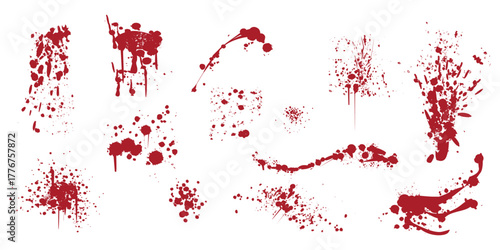 Various red blood splatters and grunge drips on a white background.