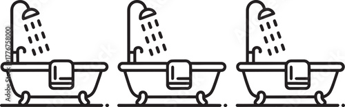 Three bathtubs with shower heads and towels bathroom hygiene