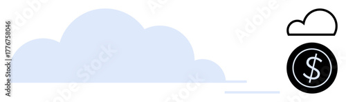 Large blue cloud with minimal black coin featuring dollar sign and small cloud. Ideal for technology, finance, savings, digital tools, modern business, innovation, growth, simple flat metaphor