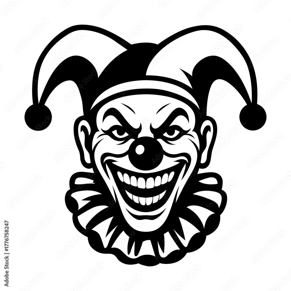 Fototapeta premium Evil Clown Face Vector Illustration – Creepy Circus Clown Mask Design, Scary Grinning Character, Horror Art in Black and White