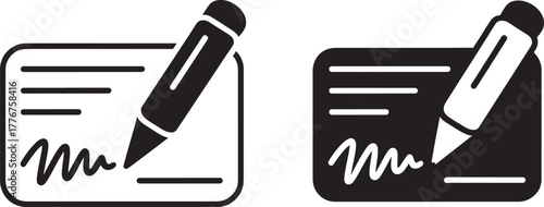 Two check icons with a pen signing a document on white and black backgrounds cheque signature