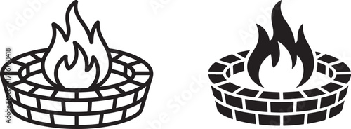 Two black and white icons of a fire pit with flames on a white background symbol