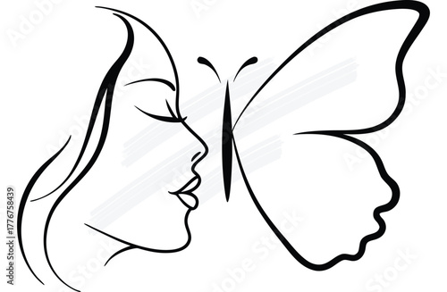 Artistic line drawing a woman's profile with a large butterfly's wings animal woman continuous line art