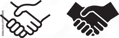 Two handshake icons one outlined and one solid black on white agreement deal