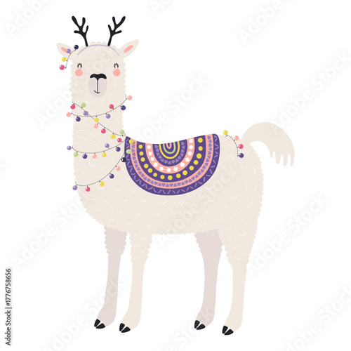 Llama with antlers, decorated with Christmas light isolated on transparent. Hand drawn flat vector illustration. Cute cartoon character. Traditional Christmas, New Year design element, clip art