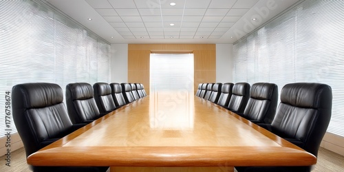 empty corporate boardroom with table and executive shareholder seats