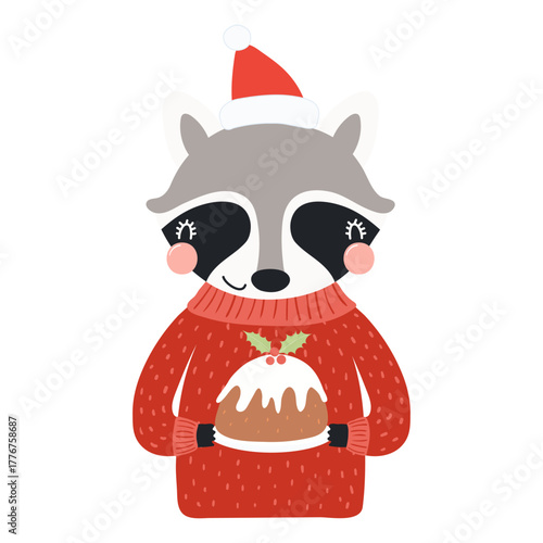 Raccoon with a Christmas pudding isolated on transparent. Hand drawn flat vector illustration. Cute cartoon character. Traditional Christmas, New Year design element, clip art