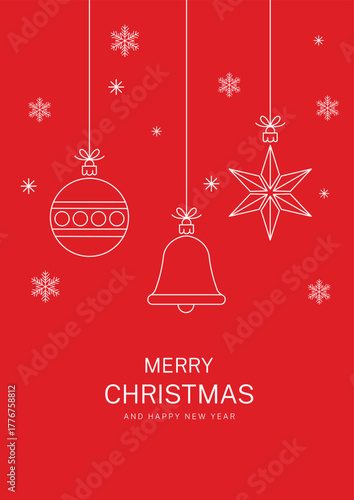 Red Merry Christmas card vector template, Xmas ornaments holiday greeting design.