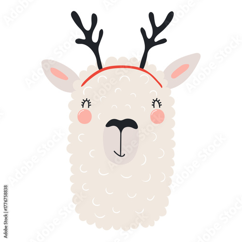 Llama with reindeer antlers isolated on transparent. Hand drawn flat vector illustration. Cute cartoon character. Traditional Christmas, New Year, seasonal design element, holiday clip art