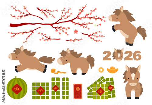 2026 Lunar New Year Tet design elements collection, cute horses, red envelope, rice cakes, watermelon, gold, peach blossoms, Vietnamese text Happy New Year, isolated clip art. Flat vector illustration