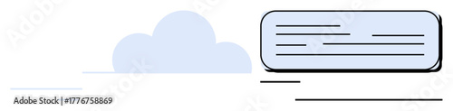Cloud shape and rectangle with text lines indicate data storage, processing, and sharing in digital communication. Ideal for technology, IT, data management, cloud computing, internet, innovation