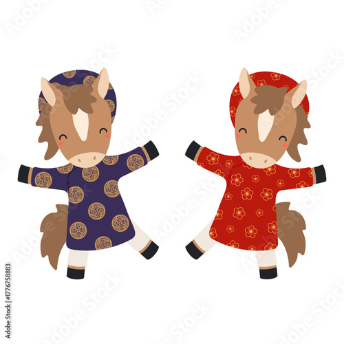 Cute horses girl, boy in traditional Vietnamese clothes ao dai isolated on transparent. Hand drawn flat vector illustration. 2026 New Year zodiac sign, design element. Cartoon character clip art