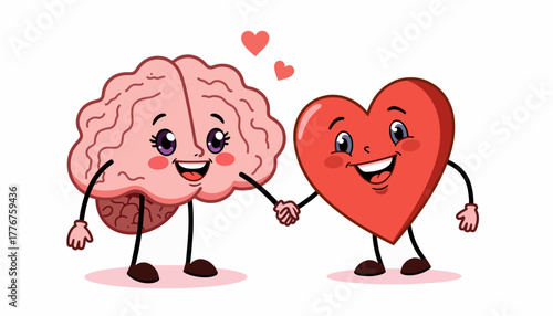 Illustration of a Brain and Heart as Characters Holding Hands, Symbolizing Harmony Between Logic and Emotion in Decision-Making and Personal Well-being