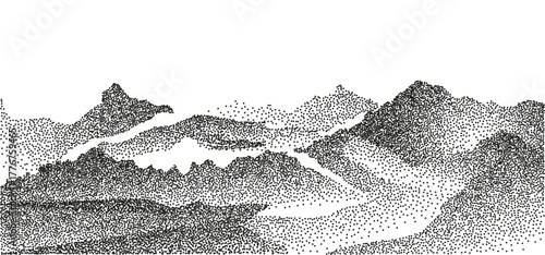 Grain stippled mountains landscape. Vector illustration in black dotted particle terrain, stippling peak, rock or volcano silhouettes.	
