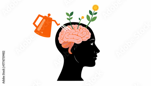 Illustration of a Silhouette Head with Brain Imagery and Growing Plants Symbolizing Mental Growth and Cognitive Development