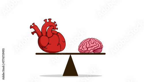 Symbolic illustration of emotional heart and logical brain balanced on seesaw, representing the duality of human decision-making and mental health equilibrium